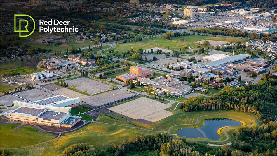 Aerial view of Red Deer Polytechnic with the Logo